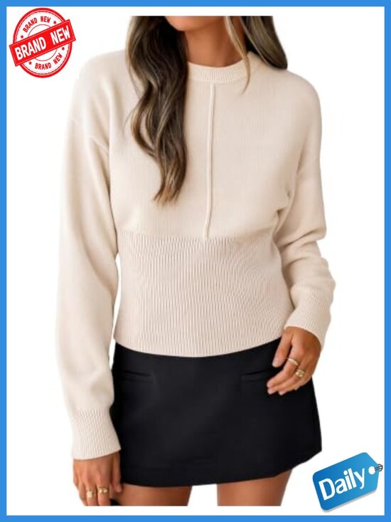 Sweaters - Women's Ribbed Knit Long Sleeve Crewneck Sweater with Cinched Waist